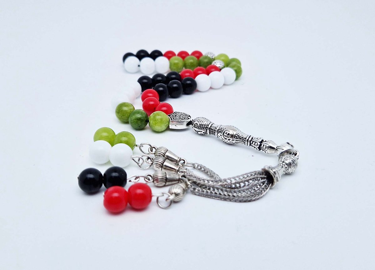 Handgemaakte Tasbih Souvenir Natuursteen agaat – kwarts vier kleuren Rood-Wit-Groen-Zwart– “Palestina vlag”