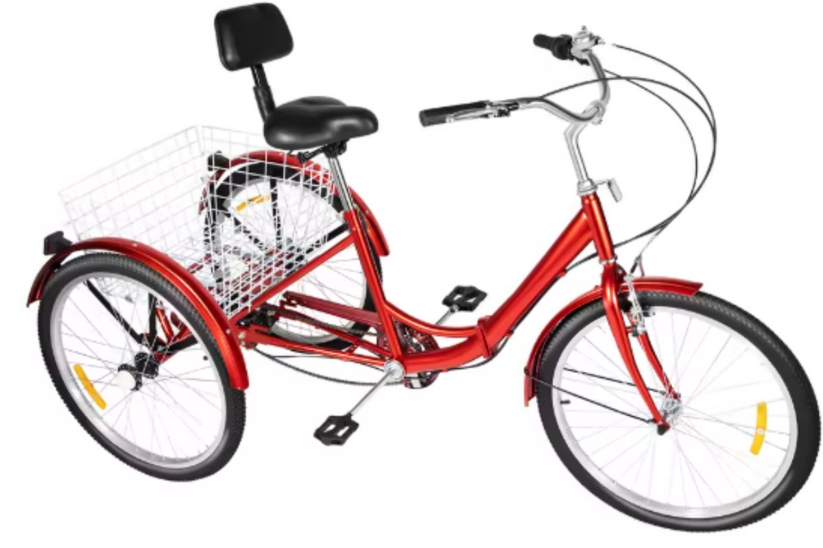 Driewieler Berlin Tavien - 7 versnellingen - Fiets voor volwassenen en senioren - 24 Inch - Opvouwbare - Verstelbaar - Met mand - Voorrem - Rood - 120KG