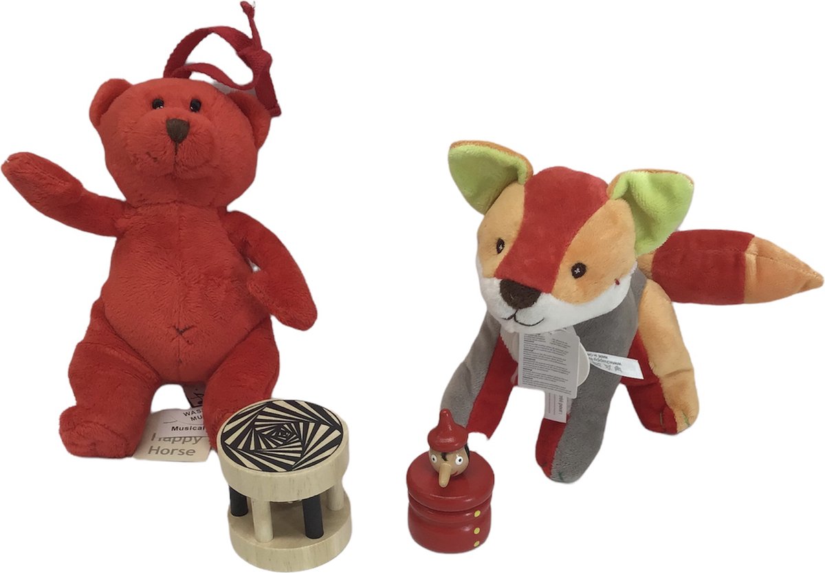 muziekdoos Beer / pluche knuffel vos / tandendoosje Pinokkio / baby rammelaar / kraam cadeau kraampakket