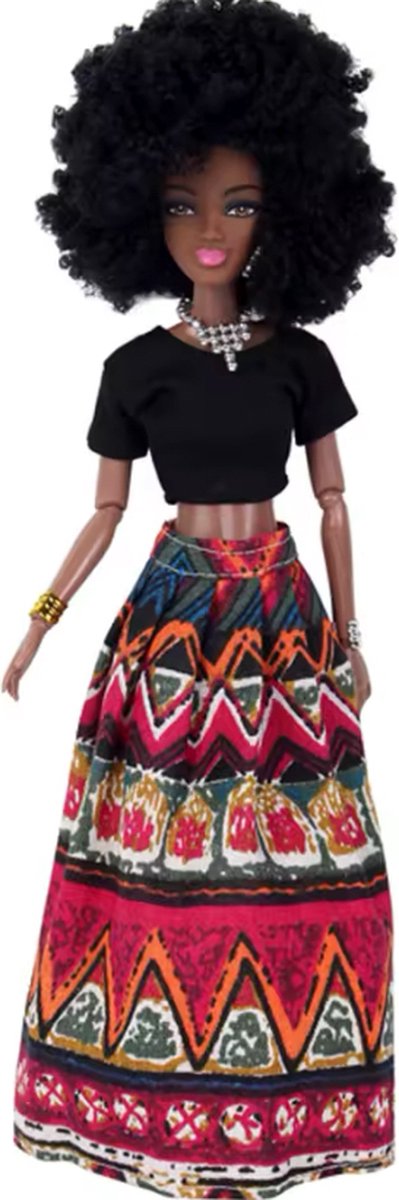 Barbie met afro haar - bruin - Barbiepop met donker zwart haar - afro kleertjes - Rode Rok