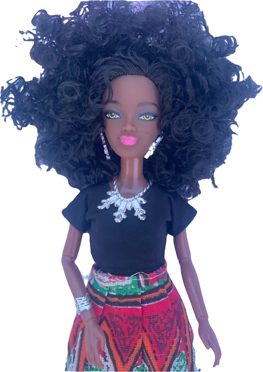 Barbiepop met Grote Bos Zwarte Krullen – Bruine Huidtoon – Afro Barbie met donker zwart haar - afro kleertjes - Rode rok