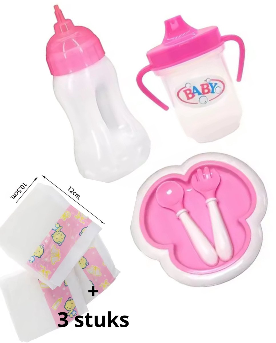Verzorgingssetje met Eetset + 3 Luiers – “Geschikt voor Baby Born” – Accessoires voor Baby Poppen (36–43 cm)