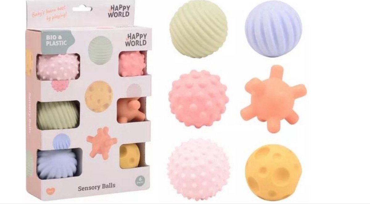 Happy World - Sensory Balls - Speelballen - Bio Plastic - 6 Stuks - Duurzaam - Zintuigballen - Sensorische ballen, Stimuleren Van Motoriek en Zintuigen, 6 Verschillende Kleuren En Texturen - Educatief - Speelgoed Voor Babys En Peuters - Spelen -