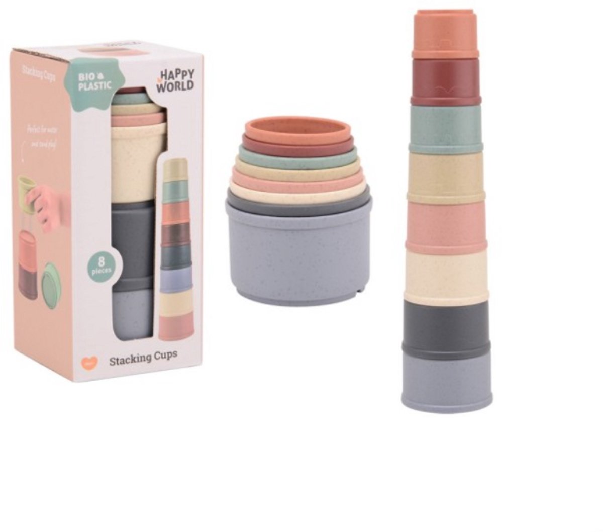 Happy World Stapelbekers – Stapeltoren Baby – Montessori Speelgoed – 8 Kleuren – Bad Speelgoed – Bio Plastic – Stapelbare Bekers – Leerzaam Baby Speelgoed vanaf 0 jaar