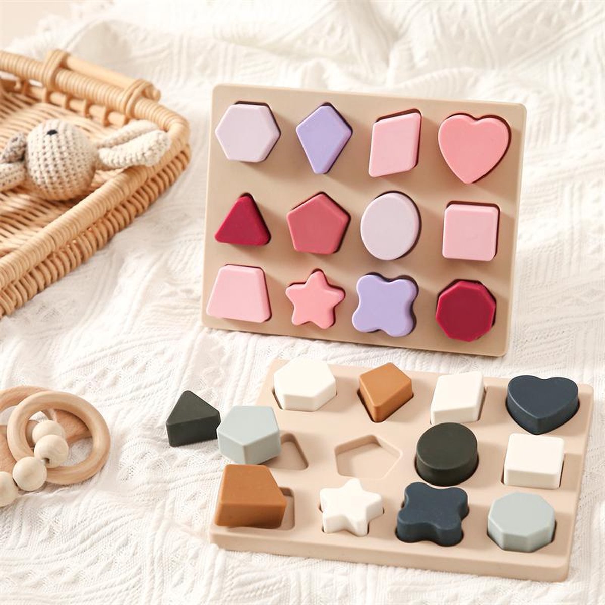 Montessori Baby speelgoed - Siliconen puzzel - Educatieve Siliconen Vormenpuzzel - Dusty blauw