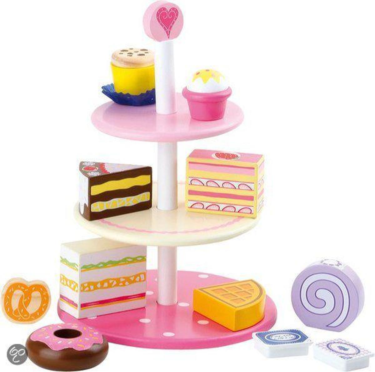 Houten speelgoed étagère met taartjes