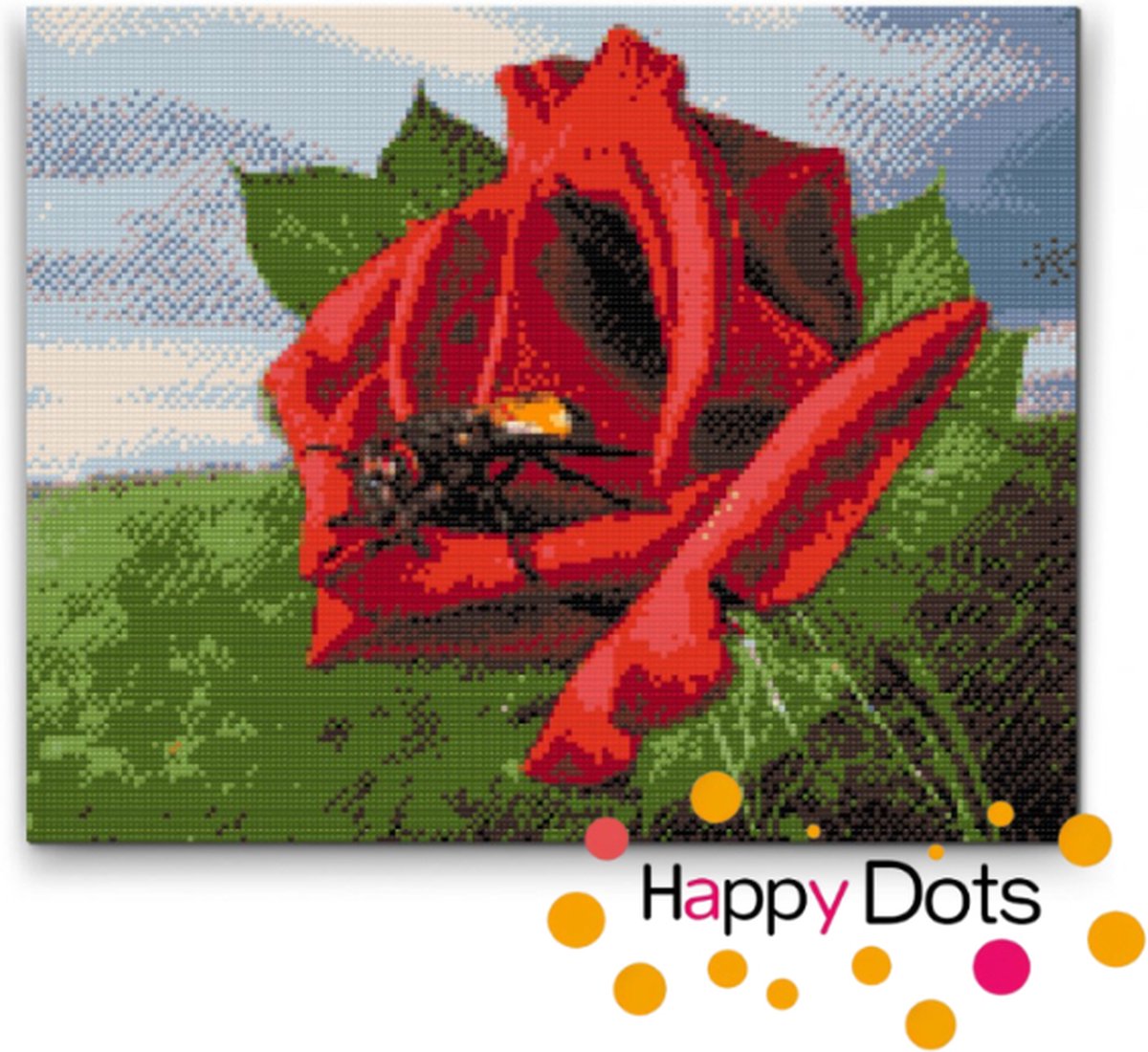 Diamond Painting Roos met bij - 30x40cm - Ronde steentjes (HappyDots)