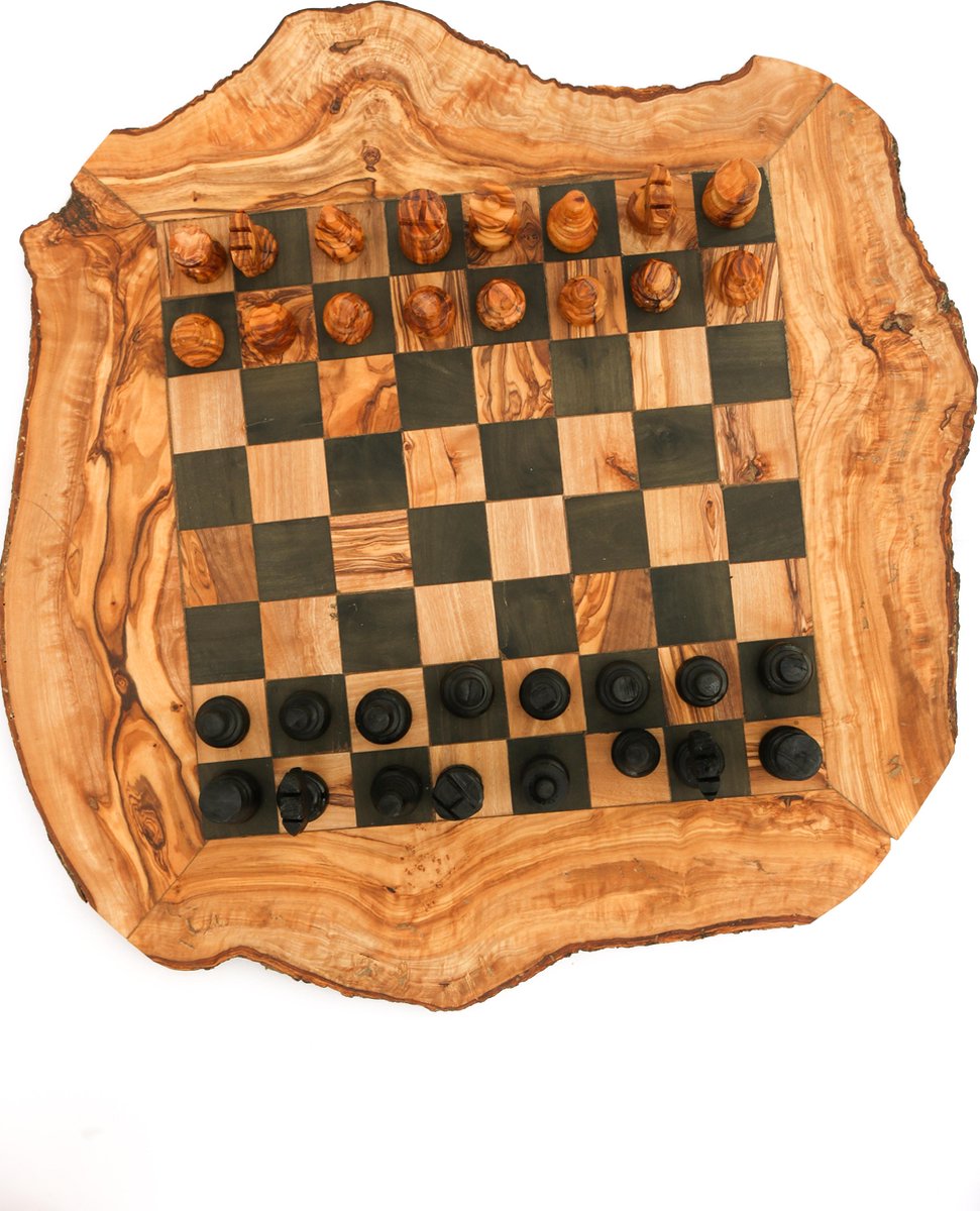 HappyWoods - Handgemaakte Olijfhouten Rustic Schaakspel - 35 cm - Olijfhouten Schaakbord met Schaak stukken - Schaakset - Schaakspellen – Schaakspel hout volwassenen – Schaakborden Kinderen (+ Gratis Beeswax )