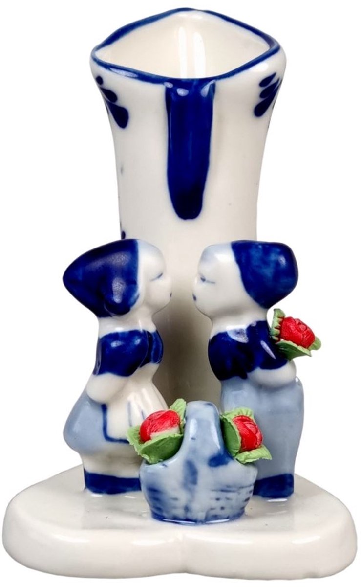 Harlekijn porselein vaas speelgoed decoratie met kuspaartje en tulpen.