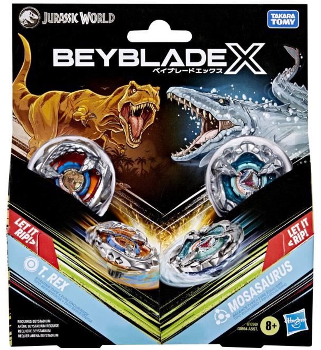 Beyblade X Jurassic World T. Rex vs. Mosasaurus, 2 Takara Tomy-competitietops - 2 launchers - vanaf 8 jaar
