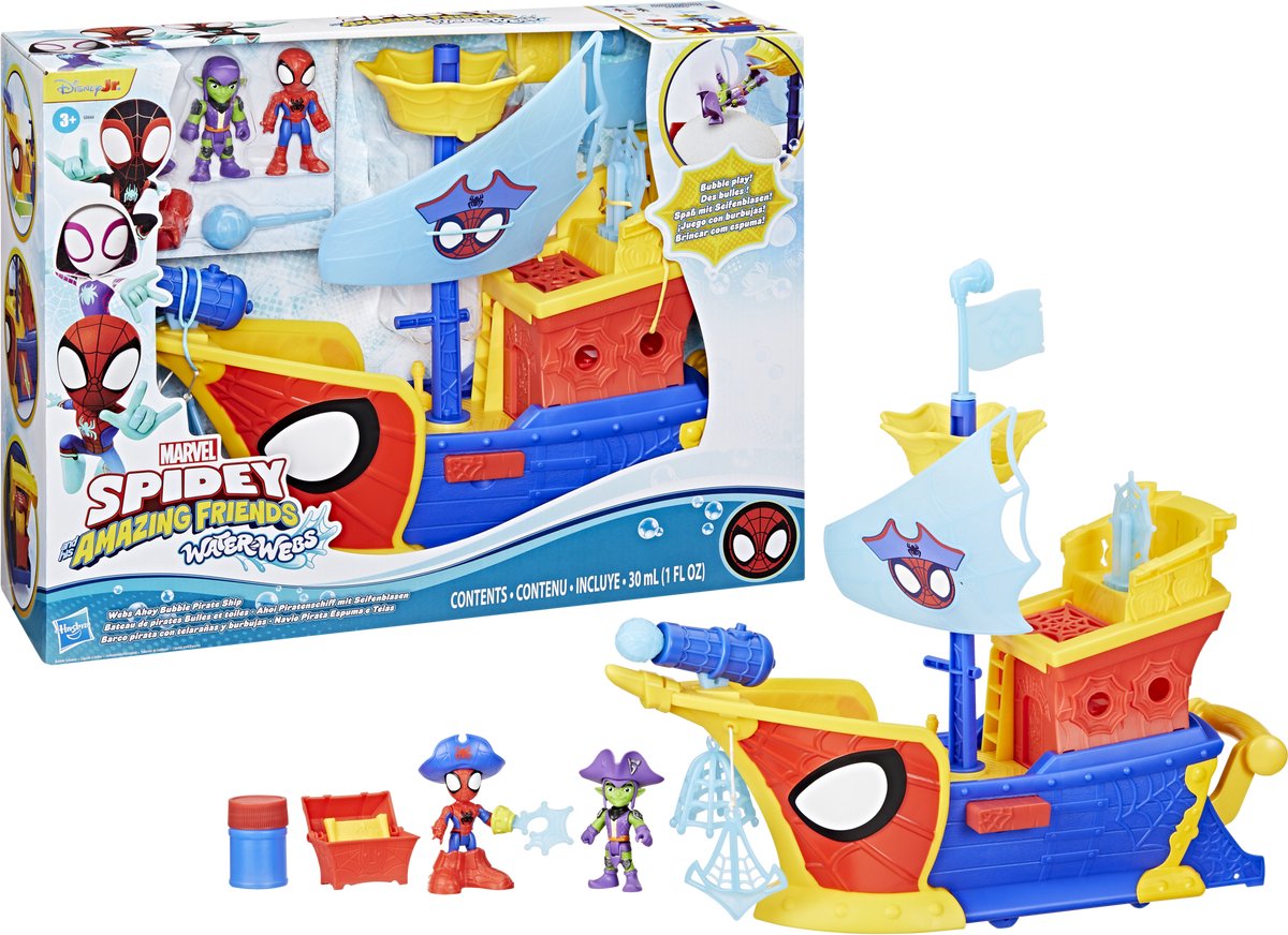   Spider-Man piratenschip speelset met actiefiguren en bellen.