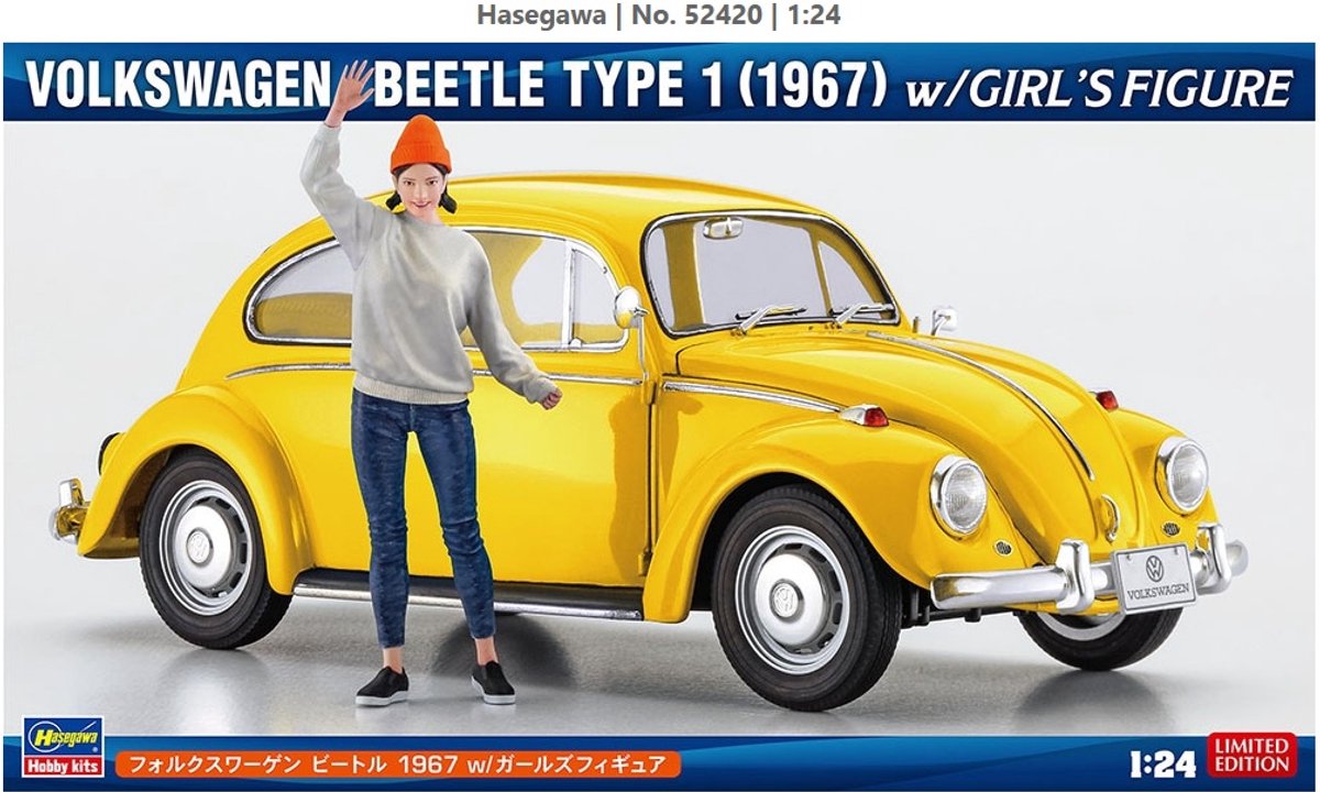 Hasegawa Modelbouwpakket Auto - 52420 Volkswagen Beetle Type 1 - 1967 - met Vrouwelijk Figuur - Auto Plastic - 1:24 -