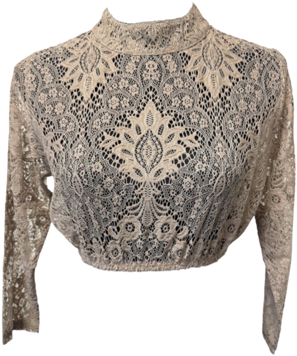 Dirndl Blouse Bloemmotief - Koffiecrème - Kant Hoge Hals - Dames - Maat XL