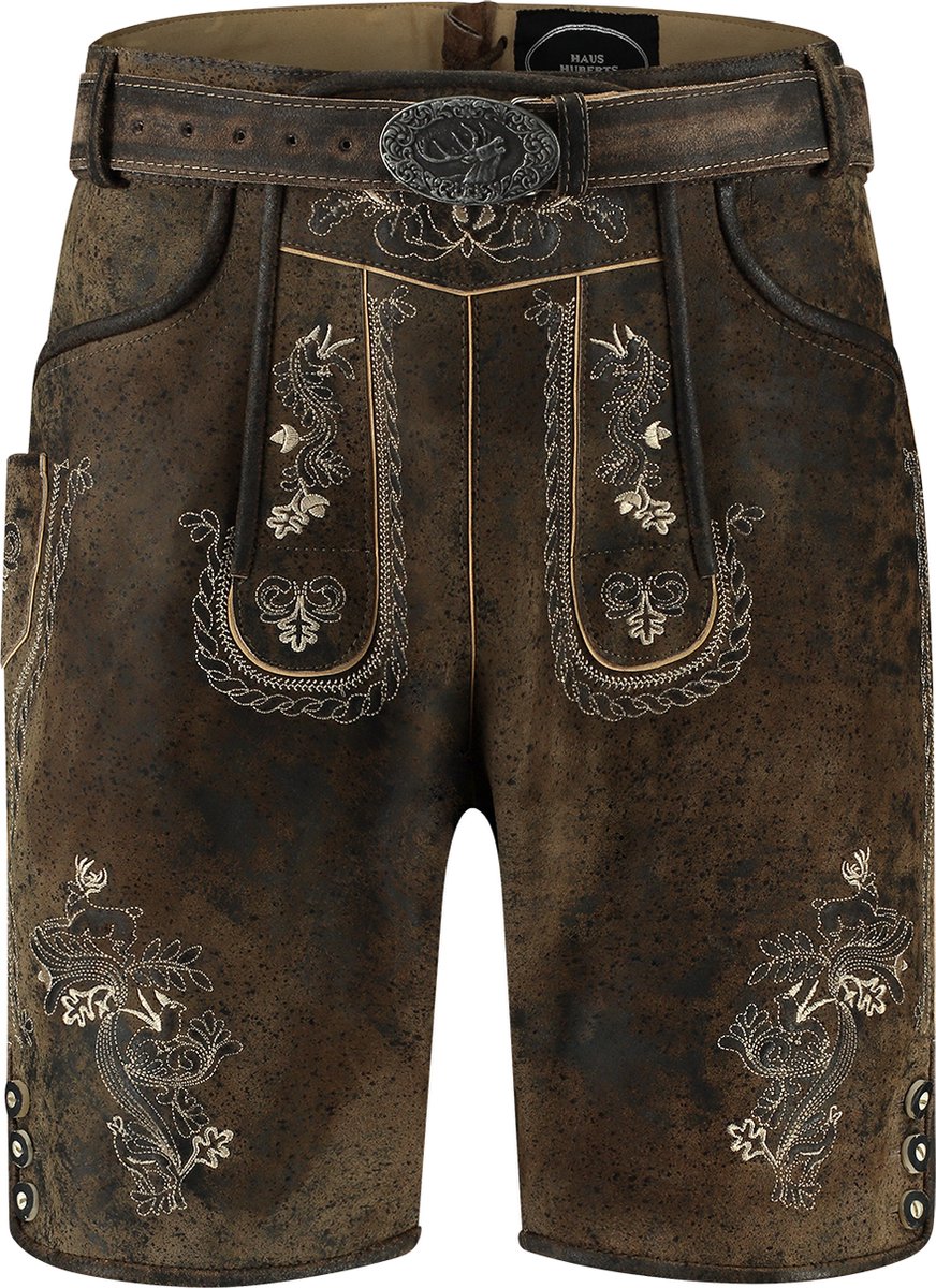 Haus Huberts - Oktoberfest Lederhosen - Kort Model - Antiek Look Bruin - Lederhosen Met Riem - Maat L