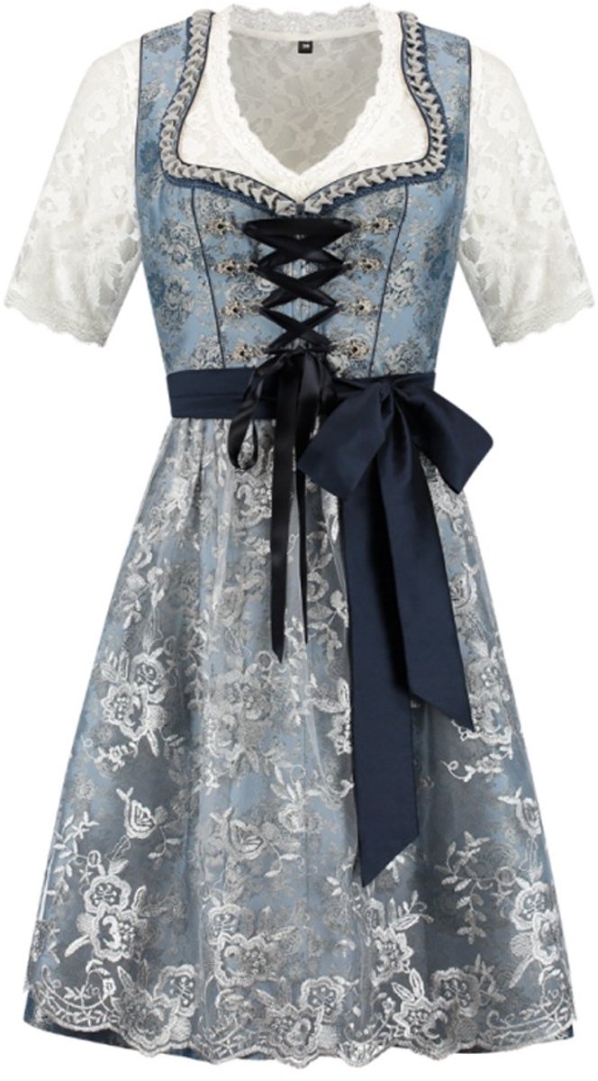Oktoberfest Dirndl Deluxe - Blauw-Bloemen, Kanten Schort - Maat 38