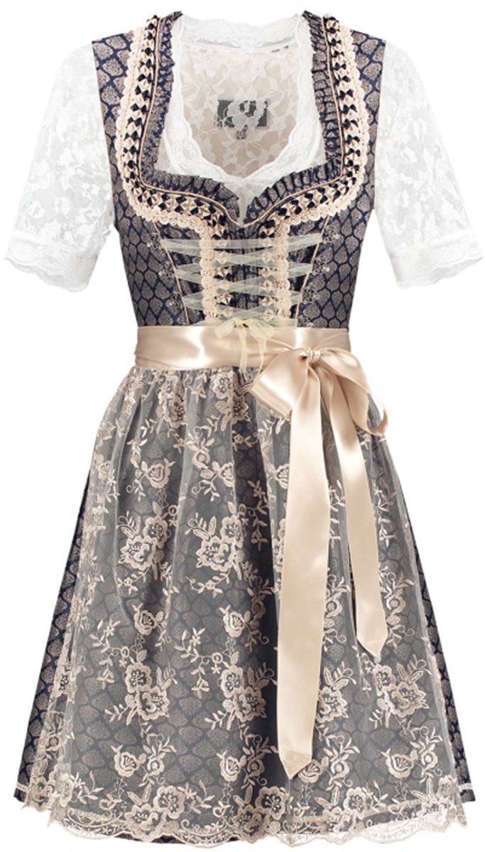 Oktoberfest Dirndl Deluxe - Blauw-Crème, Kanten Schort - Maat 50