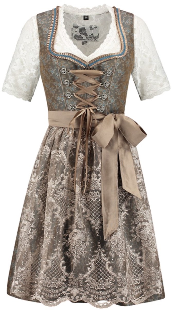 Oktoberfest Dirndl Deluxe - Jacquard Groen-Koffie - Maat 38