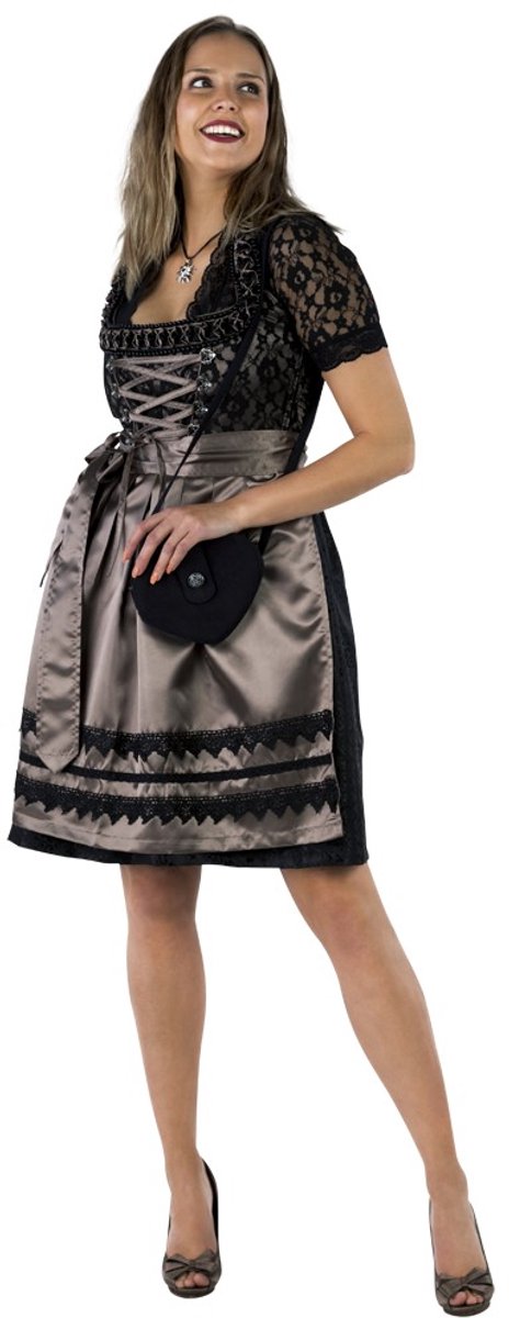 Oktoberfest Dirndl Deluxe - Zwart-Taupe - Zwart Kanten Bloesje - Maat 36