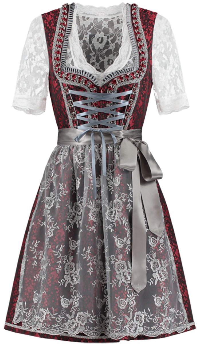 Oktoberfest Dirndl Deluxe Rood-Zilvergrijs, Kanten Schort - Maat 36