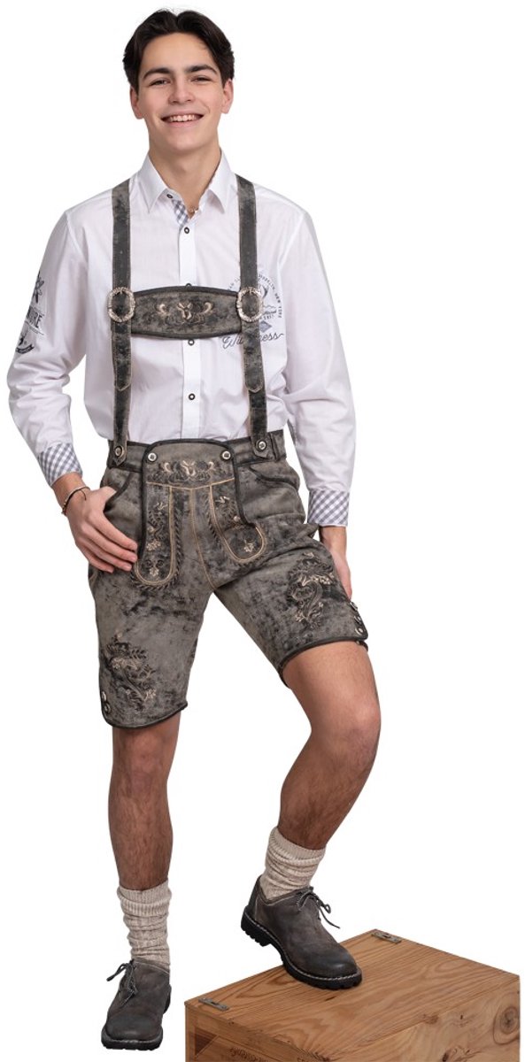 Oktoberfest Lederhose Deluxe Leder Kort Grijs Antiek - Maat 46