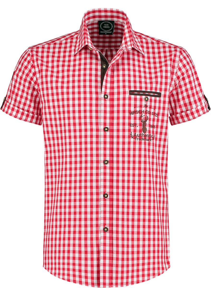Oktoberfest Overhemd Heren - Tiroler Heren Blouse - Korte Mouwen - Rood-Wit - Maat 4XL