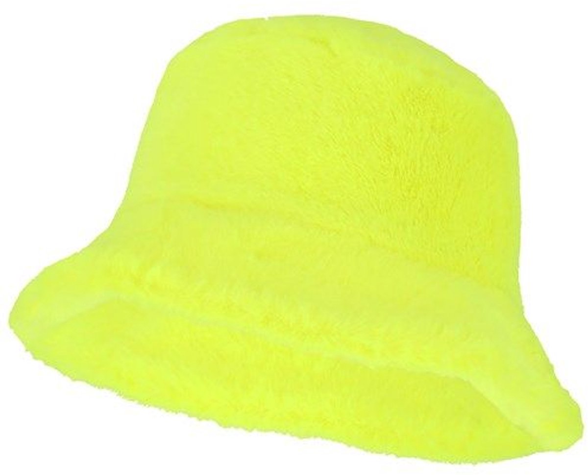 Bucket Hat Pluche - Fluor Geel - Neon Party - Volwassenen