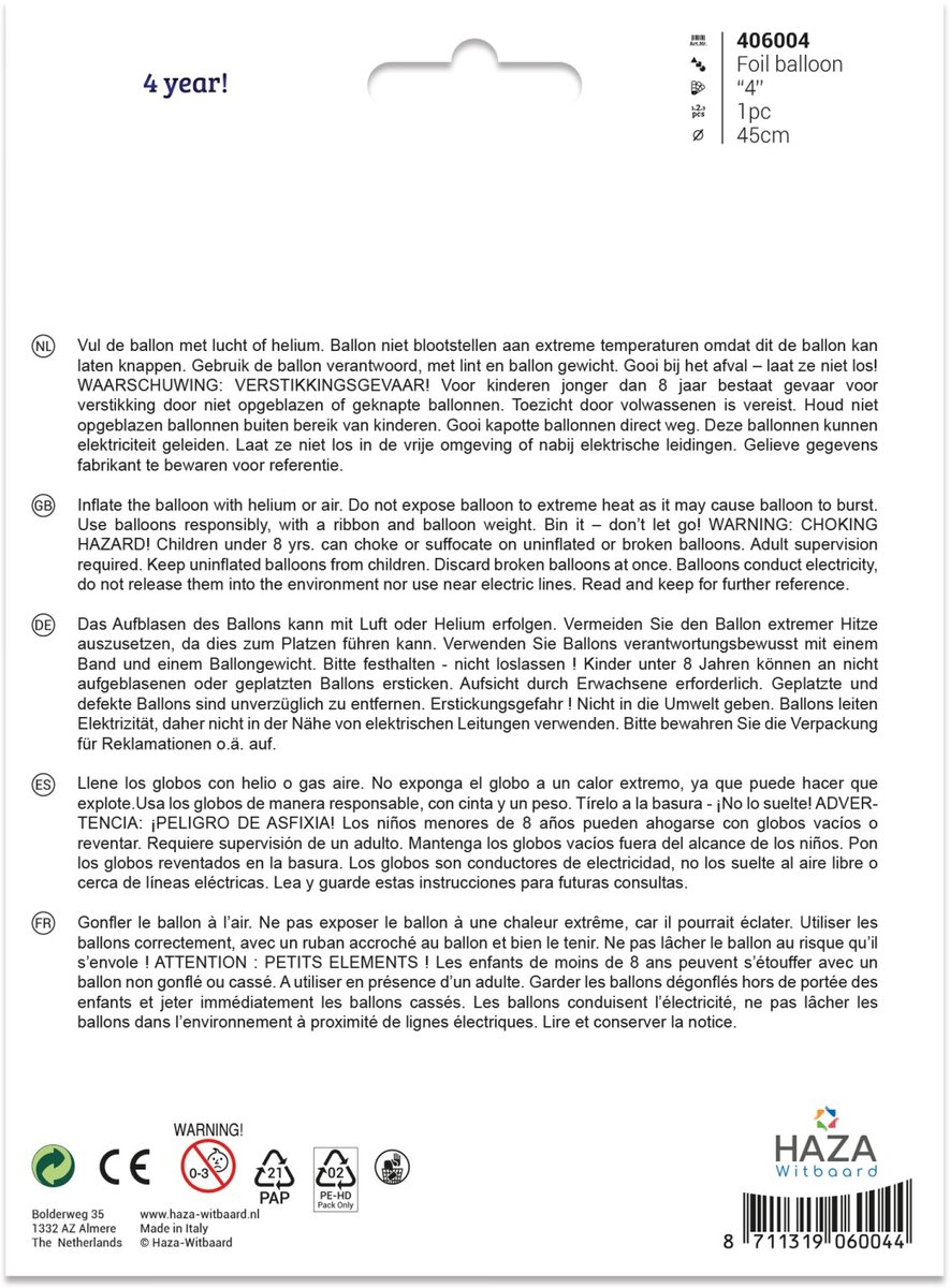 Folieballon Cijfers - 4 jaar - 45 cm - Helium- en Luchtvulling
