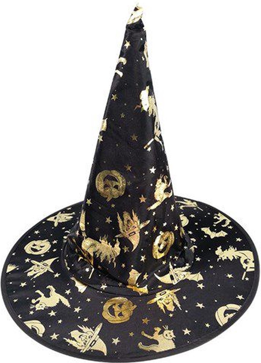Heksenhoed Kinderen - Heks - Zwart/Goud - Halloween Heksenhoed - One Size - Een Stuk - Unisex