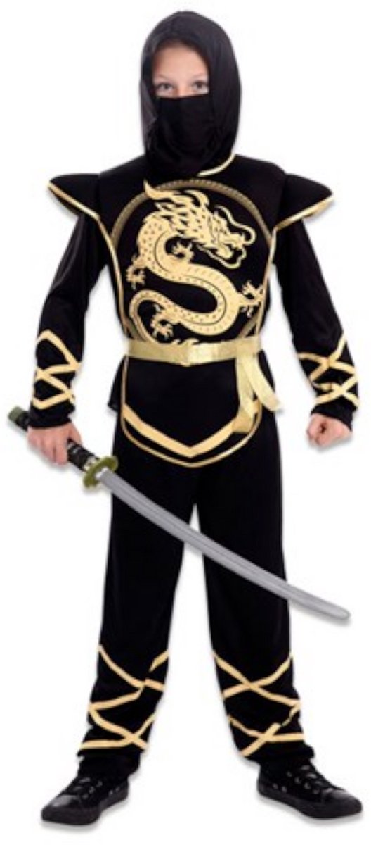 Ninja Fighter Kostuum Kind Zwart/Goud - 3-4 jaar