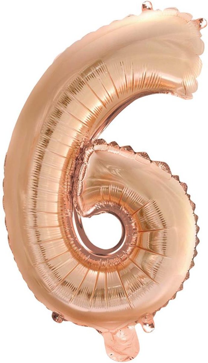 Folie Ballon Cijfer 6 Rosé Goud 41 cm met rietje