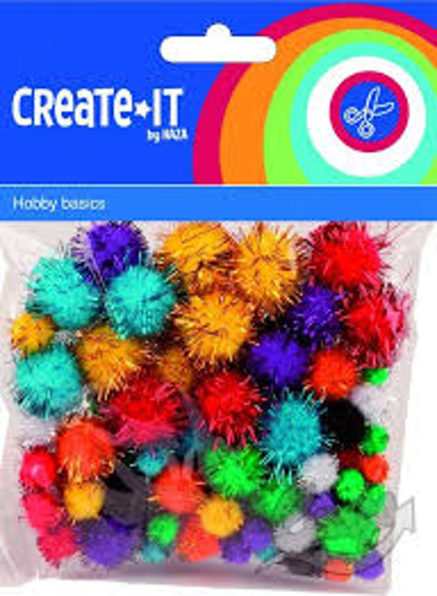 Pompoms glitter ass. 78 stuks