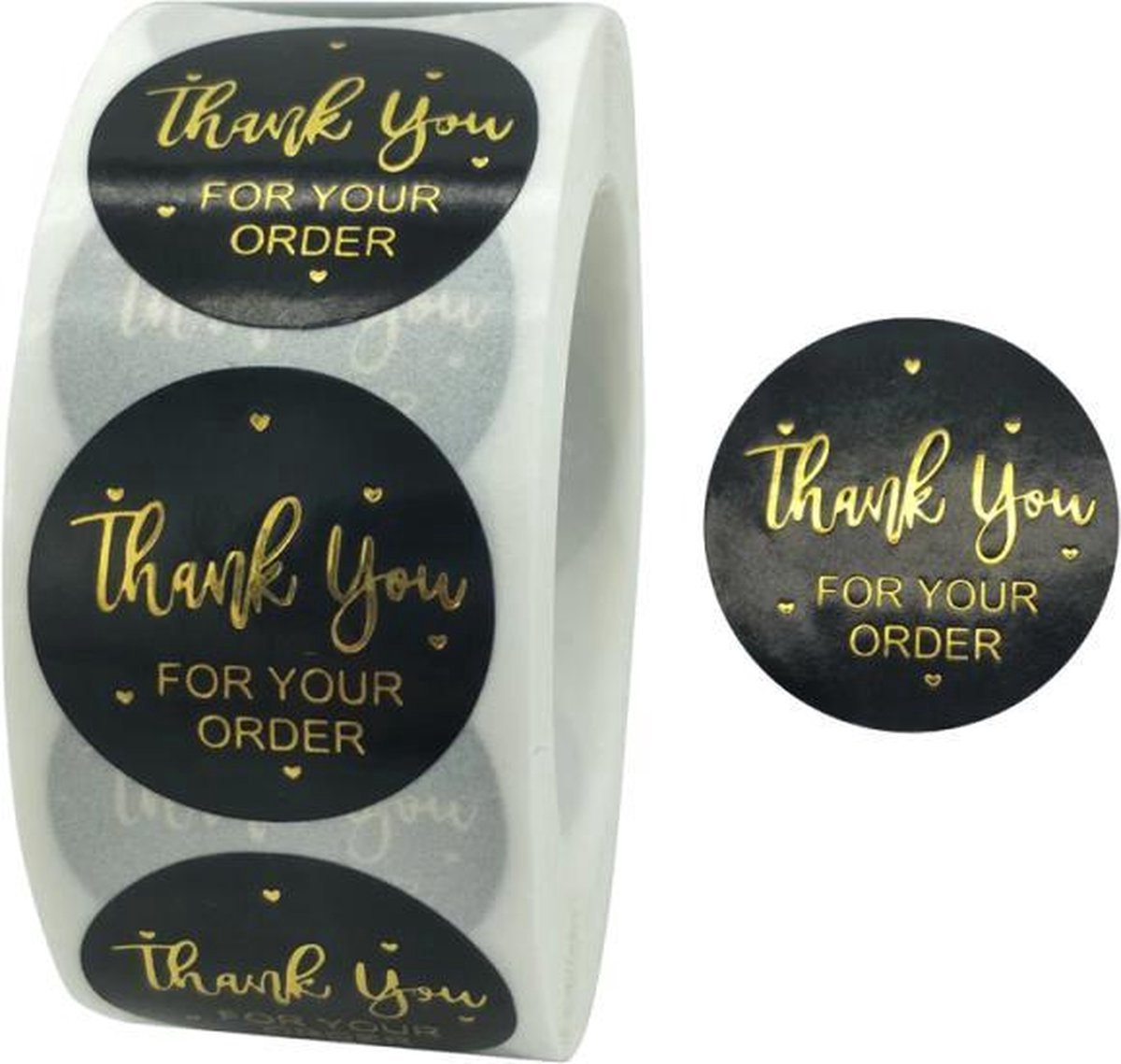 *** Thank You For Your Order - Sluitstickers - 500 stuks op rol - 2,5 x 2,5 cm - Zwart Met Goud - Bedankt - Sluitzegel - Wit - Geschikt voor Bestellingen - Enveloppen - Traktaties - Cadeaus - Business - Orders - van Heble® ***