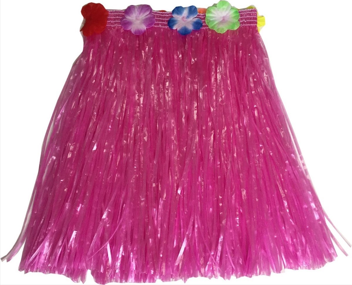 *** Hawaïi rokje - Hawai rok - Roze rafels - Hula rokje - 40CM lang - Hula-rokje voor volwassenen - Met bloemen - Themafeest - Zomers rokje van Heble® ***