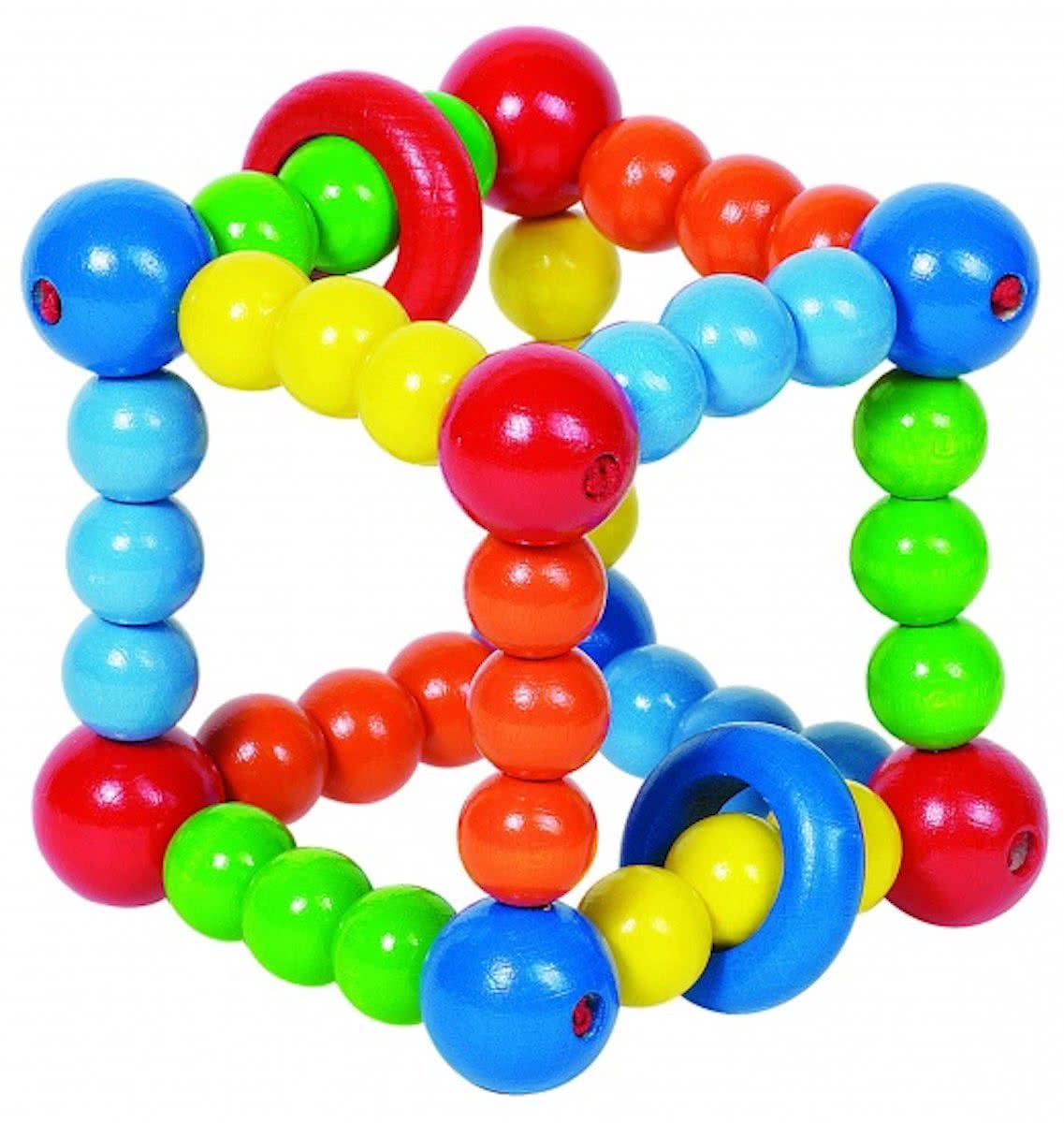   Bijtring: DOBBELSTEEN 8x8x8cm, met elastiek, in plas