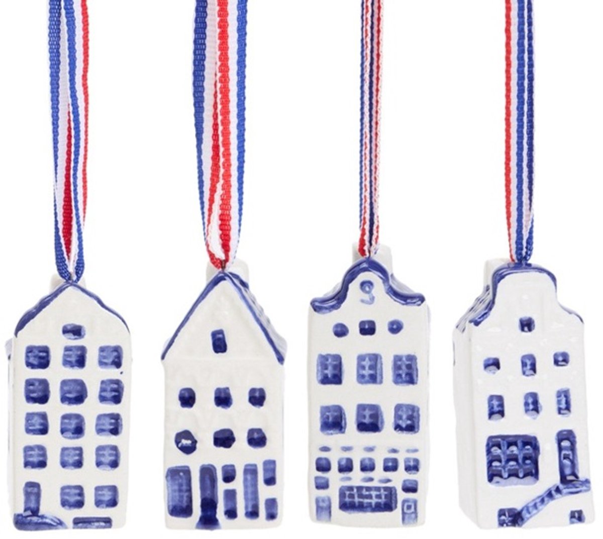 Heinen Delfts Blauw - Kerstornament Mini huisjes - Grachtenpandjes - Delfts blauw - 5 cm - set van 4