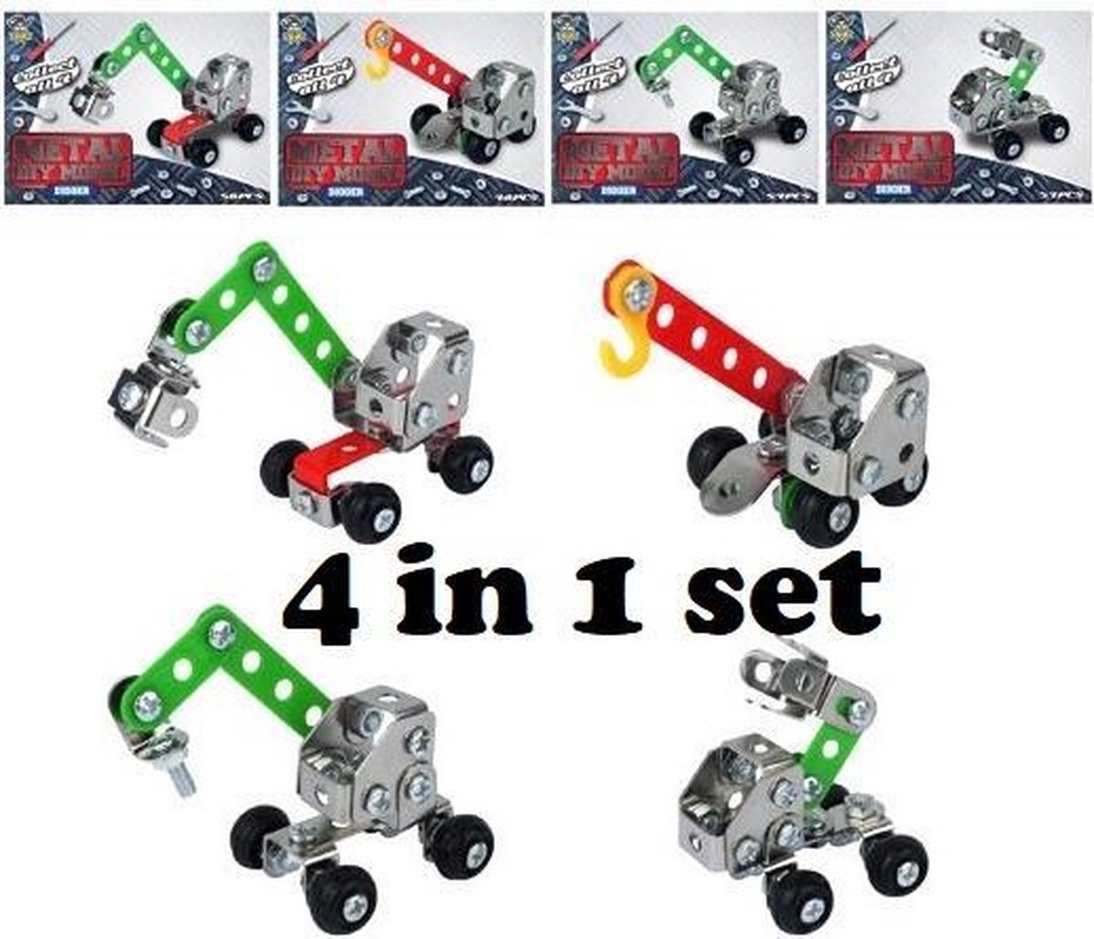 Henbrandt - Metalen bouwset 4 Stuks - Graafmachines - diverse kleuren - 7,5 CM