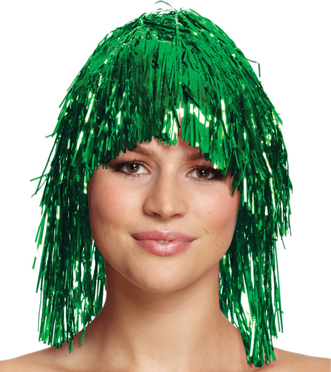 Folie verkleedpruik - tinsel - groen - disco/eighties thema