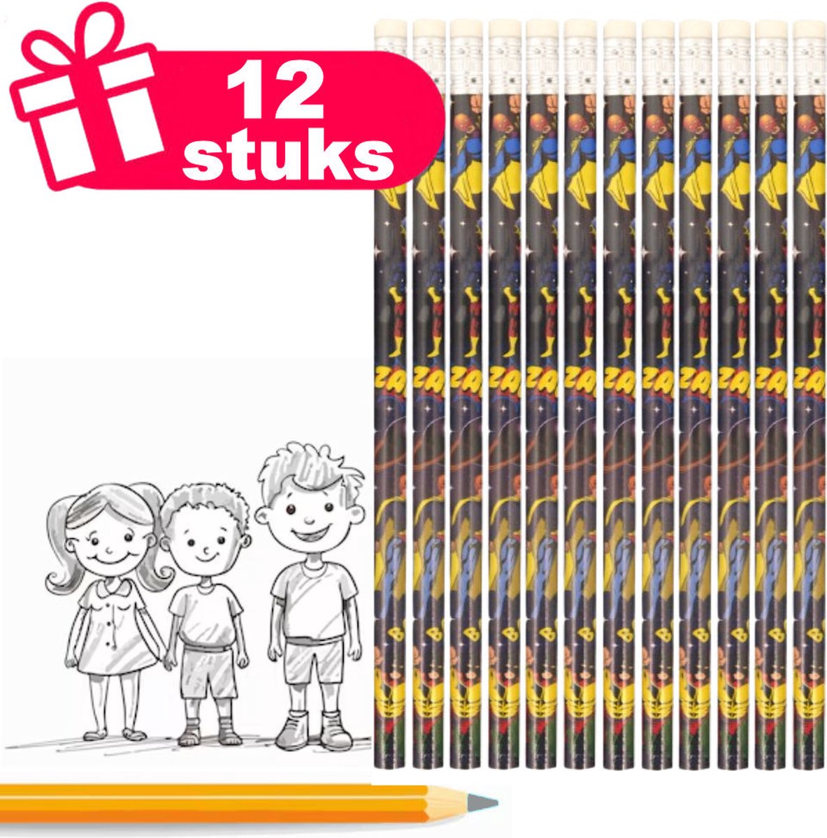 Henbrandt - 12 Stuks Superhelden / Superhero Potloden met Gum - Uitdeelcadeautjes voor Verjaardag Traktaties - Potood Grabbelton Cadeautjes - Kinderfeestjes - Potloden Kindertraktaties en Weggeefcadeautjes