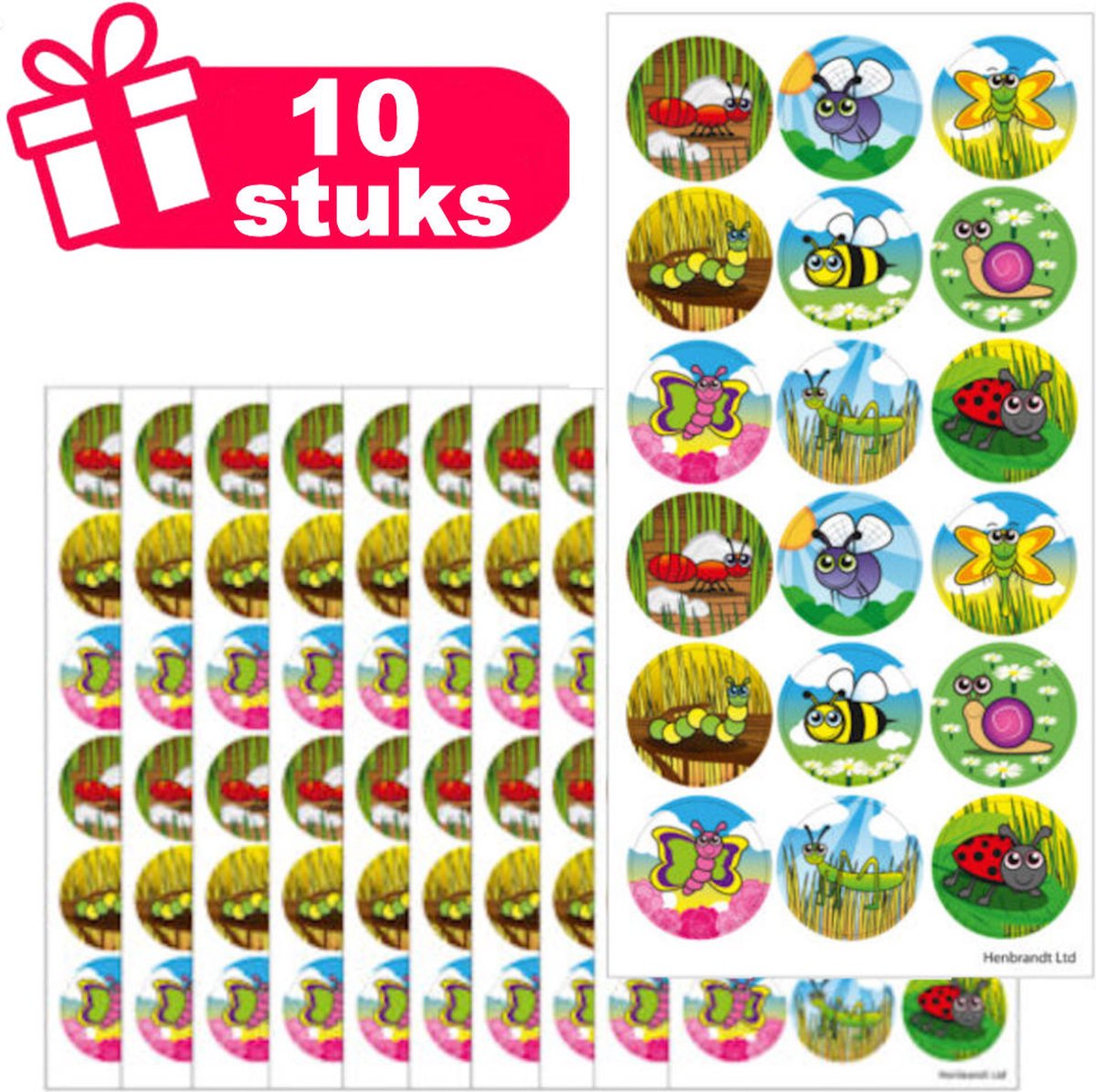 Henbrandt - Set van 10x Stickervellen met Grote INSECTEN Dieren Stickers om Uit te Delen of te Knutselen - Traktatie uitdeelcadeautjes - 10x Stickervellen voor Kinderen met 18 Stickers per Vel = Totaal: 180 Stickers