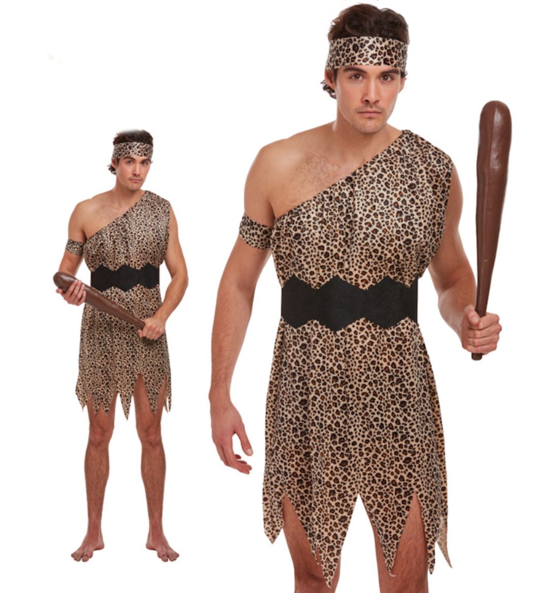 Henbrandt - VOLWASSENEN CAVEMAN HOLBEWONER Kostuum - Bestaande uit: Holbewoner Tuniek, Riem, Bovenarmband, Hoofdband - Hol Bewoner Oertijd kostuum - Carnavalskleding - Verkleedkleding - Vrijgezellenfeest - Man - Maat: ONE SIZE FITTS ALL