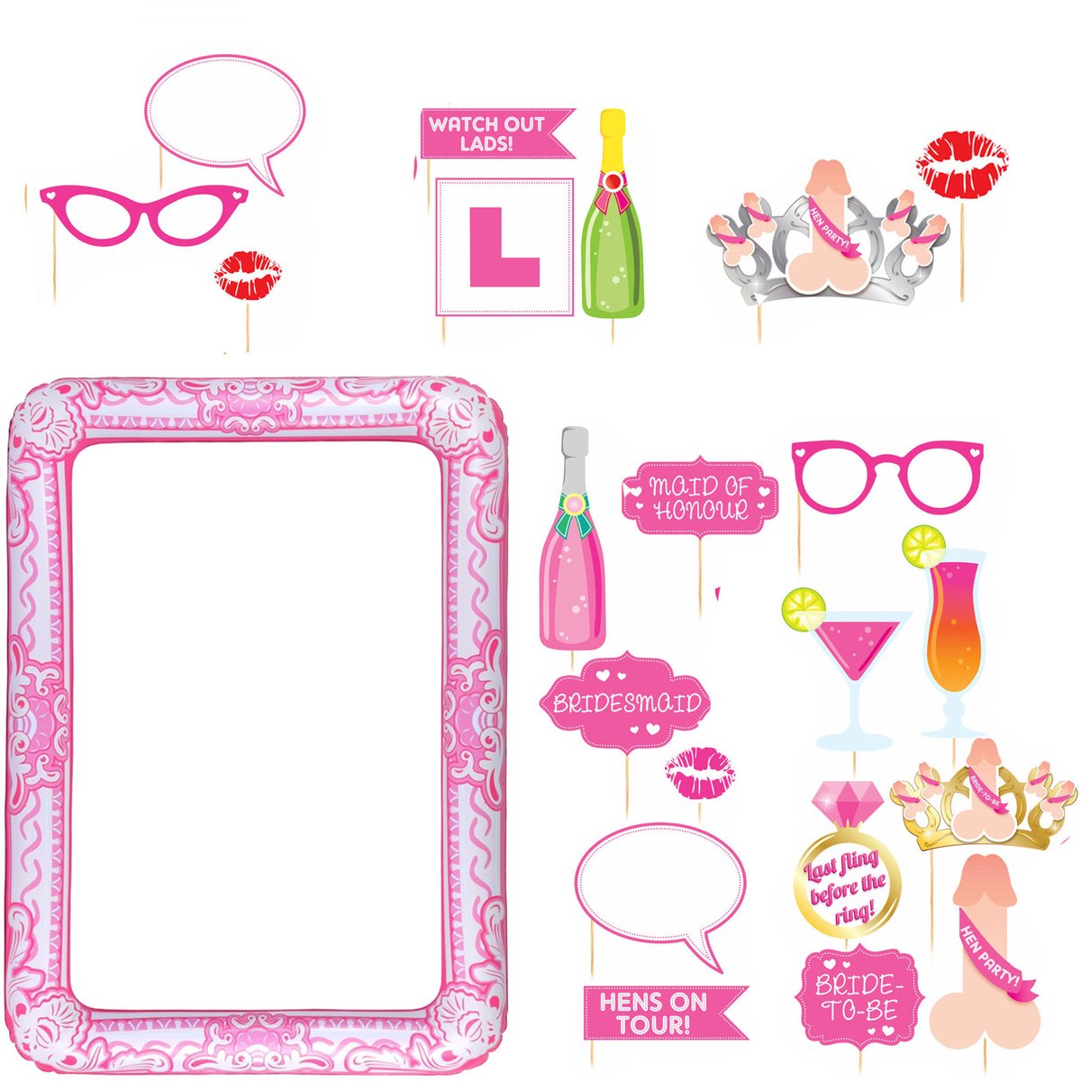 Henbrandt Foto props set met frame - vrijgezellenfeestje - 21-delig - photo booth - roze - party - met fotolijst