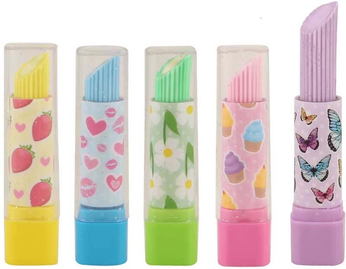 Uitdeelcadeautjes voor kinderen – 5  gummetjes lippenstift (7 cm) - kinderfeestje – traktatie