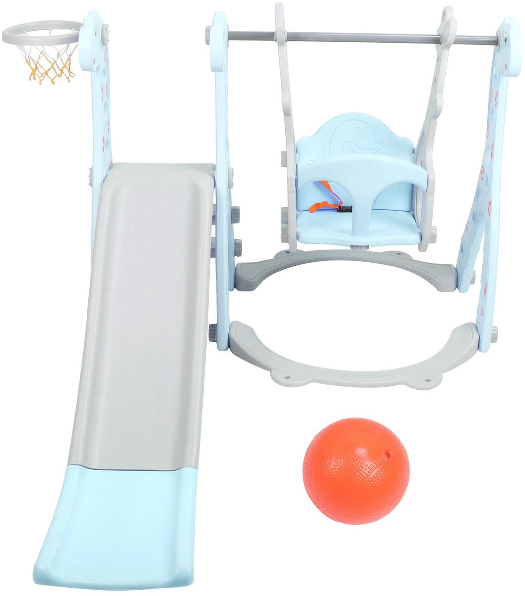 Hennova Glijbaan - Glijbaan Peuter - Buiten speelgoed - Klimrek - Schommel - Basketbalring - 4 in 1 - Voor binnen en buiten - Blauw - 155 x 135 x 105 cm