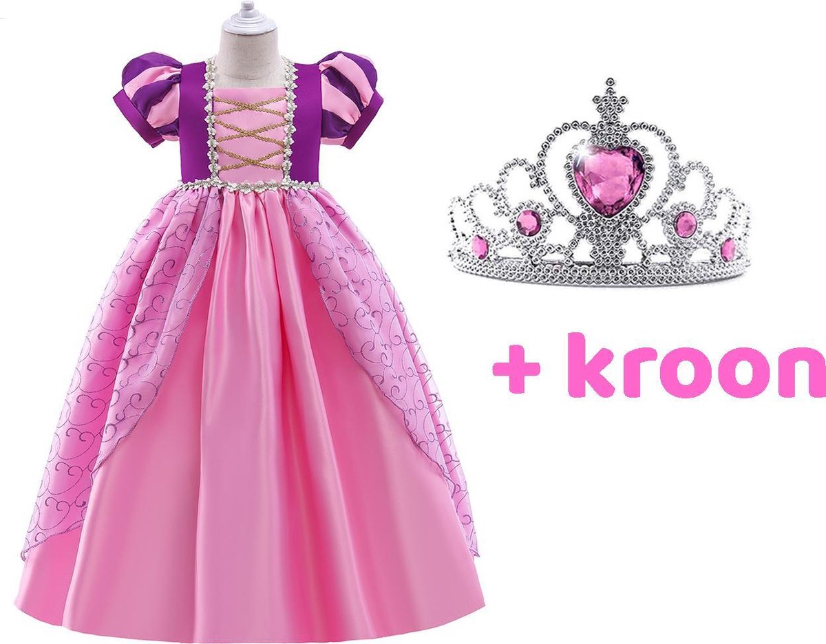 Rapunzel Jurk - 110/116(120) - Paarse / Roze Prinsessenjurk - Verkleedkleding Meisje - Tiara - Carnavalskleding Kind