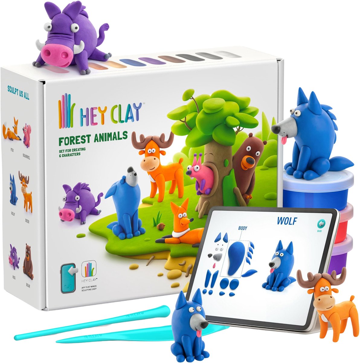 Hey Clay Bosdieren, plastic massa + accessoires, boetseerklei, 15 kleuren