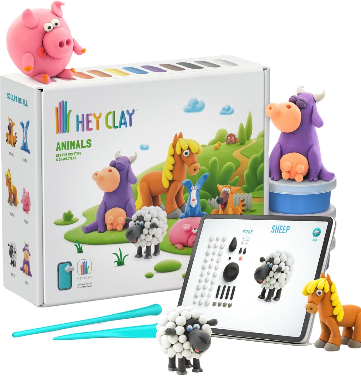 Hey Clay Dieren, speelklei + accessoires, boetseerklei, 15 kleuren