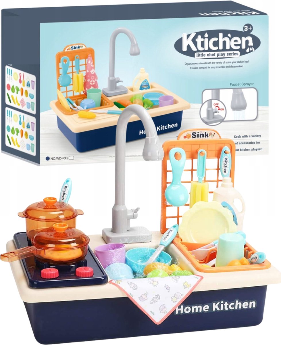 Uitgebreide Keukenspeelset Blauw - Met veel Accessoires - Simulator Kitchen - Kids Kitchen Set - Met functionele kraan en automatisch watertoevoersysteem - Rollenspel Keuken - Kinderkeuken - Speelgoedkeuken - Keukenspeelset - Speelgoed Keuken