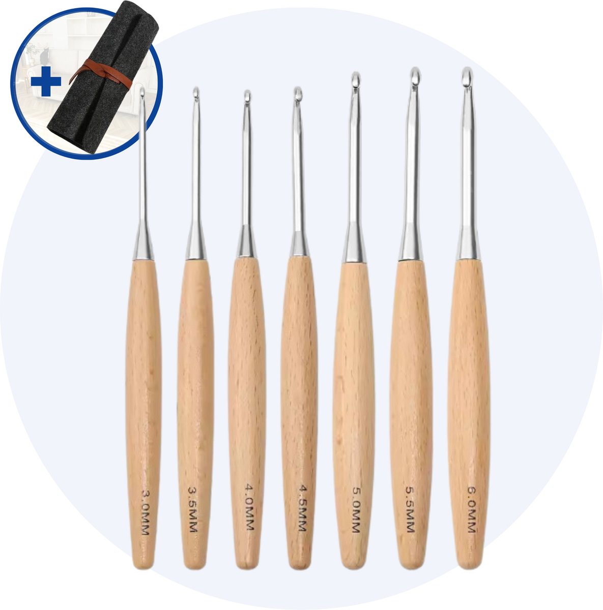 Hilvard - Haaknaalden - Crochet - Haken - Set van 7 stuks - Ergonomische grip - Inclusief buidel - 3mm tot 6mm - Houten afwerking