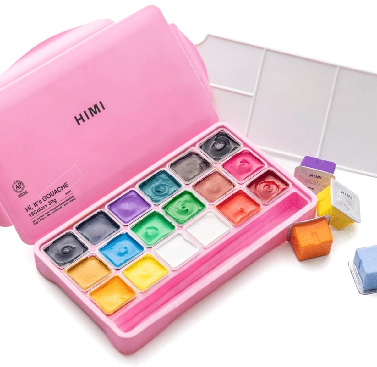 HIMI Gouache - 18 kleuren x 30gr - in kunststof opbergbox roze