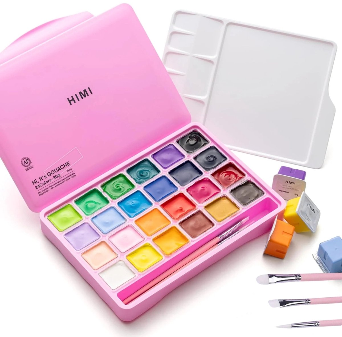 HIMI Gouache - set van 24 kleuren x 30g - in kunststof opbergbox roze + 3 penselen